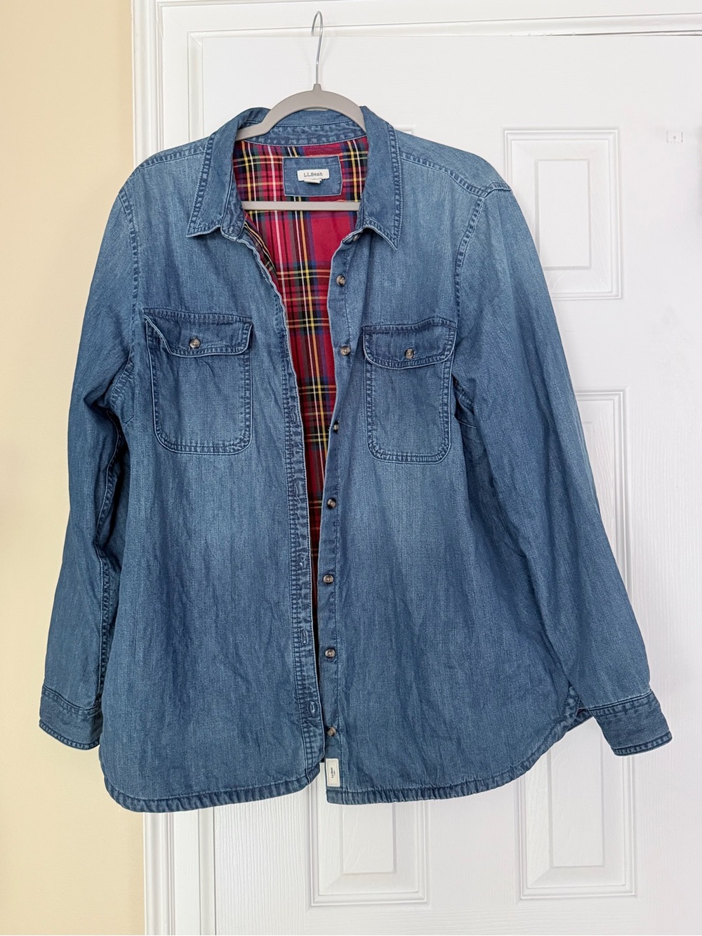 L.L. Bean Heritage Washed Denim Shirt Plaid Flannel Lined Tartan Button Down XL - Picture 7 of 7